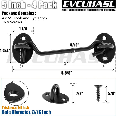 5 Inch 4 Pack Privacy Hook and Eye Latch, Black Iron Barn Door Lock Cabin Hooks, Eye Hook Latch for Gate Shutters