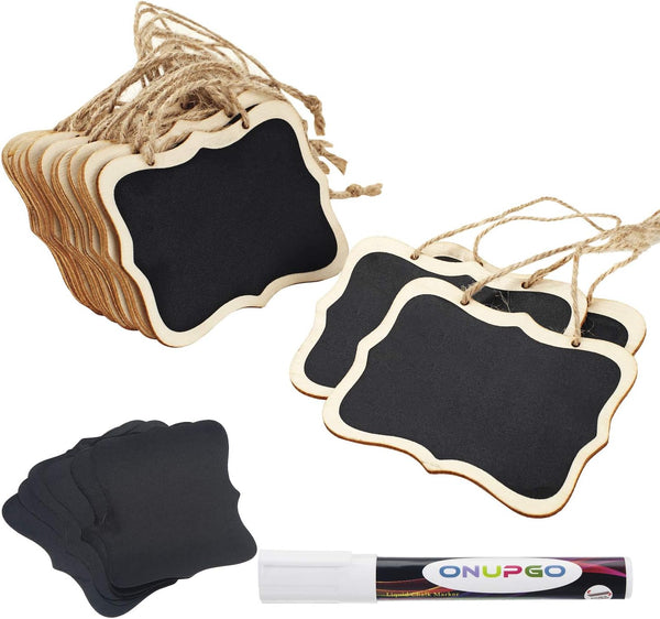 ONUPGO 16 Pack Chalkboard Tags - 4"x3" Hanging Signs with String & Liquid Chalk Marker, Wooden Mini Blackboard Tags
