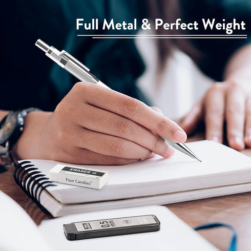 Four Candies 0.5mm Mechanical Pencil Set with Case, 4PCS Metal Pencils and Lead Refills