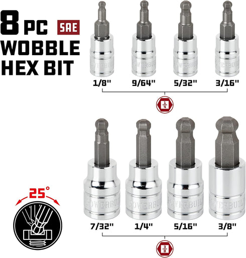 Powerbuilt 642402 8-Piece SAE Wobble Ball Hex Bit Set, Silver