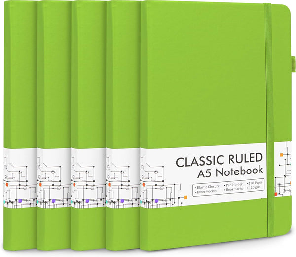 feela 5 Pack Notebooks Journals, Hardcover Classic Ruled Lined Journals with Pen Holder, A5, Green