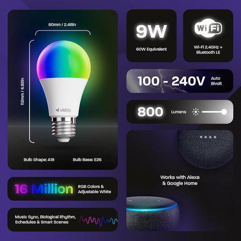 Bulb, 9W (60W), Dimmable, 16 A19 E26, 800 Smart LED Light Tunable White, Music Sync, Million Colors, WiFi+Bluetooth