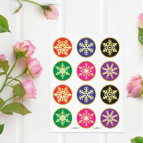 PARTH IMPEX Snowflake Stickers, Pack of 120 - 2" Large Round Gold Foil Stamping Labels for Christmas Holiday Cards