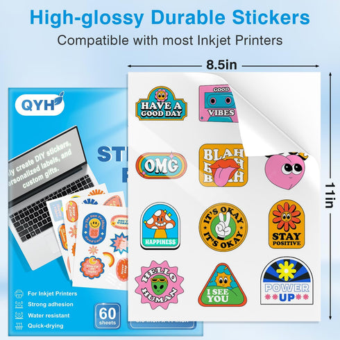 -60 8.5"x11" QYH Premium Printable Vinyl Sticker Paper for Inkjet Printers Sheets Glossy Waterproof Paper