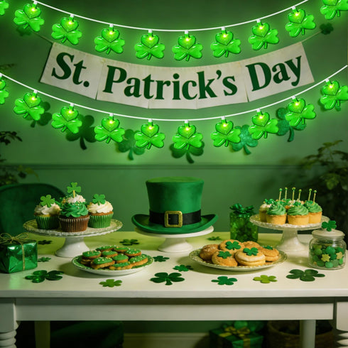 20LED 12Ft 20 St Patrick's Day Decorations Lights, Clear Green Shamrock String Lights Outdoor Waterproof with LED Lucky