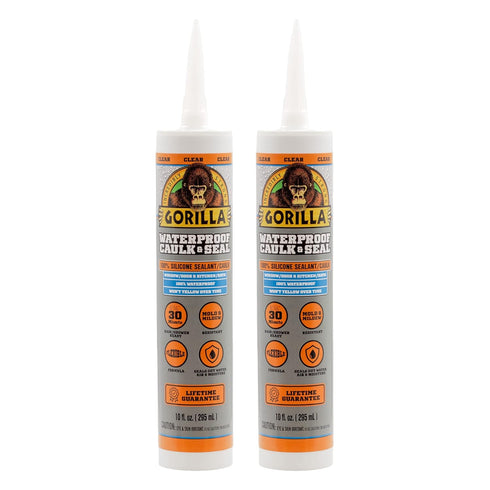 Gorilla Waterproof Caulk & Seal 100% Silicone Sealant; Clear; 10oz Cartridge (Pack of 2)