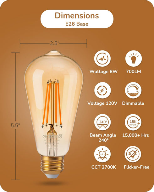 EDISHINE 6 Pack Vintage LED Edison Bulbs, 8W Equivalent 60W, ST64 Dimmable LED Light Bulbs, 700LM 2200K Amber Warm