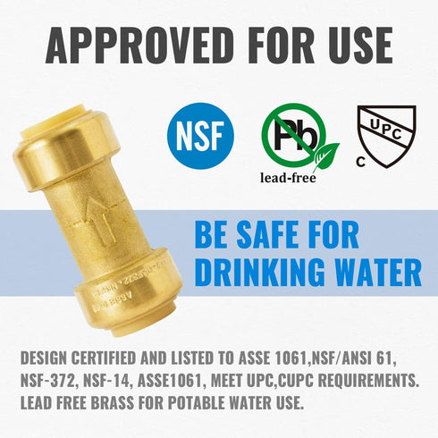 SUNGATOR 3/4 Inch Check Valve, No Lead Brass Push-to-Connect Plumbing Fittings for Pex Pipe, Copper, CPVC, PE-RT, Pack