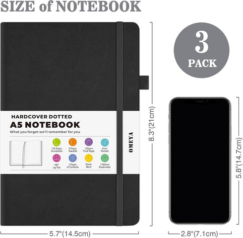 OMEYA Dotted Journal Notebook, 3 Pack, A5 Hardcover with 120gsm Thick Dotted Paper for Writing
