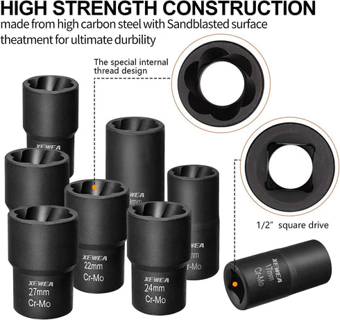 XEWEA 9PCS Lug Nut Extractor Set, 1/2" Drive Impact Bolt Nut Remover for Damaged Bolts