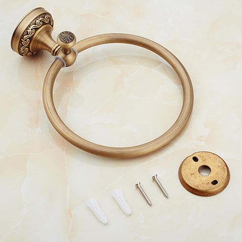 Antique Brass Towel Ring Hanger, Hand Towel Holder for Bathroom Kitchen Accessories, Wall Mounted Pattern Carving Design