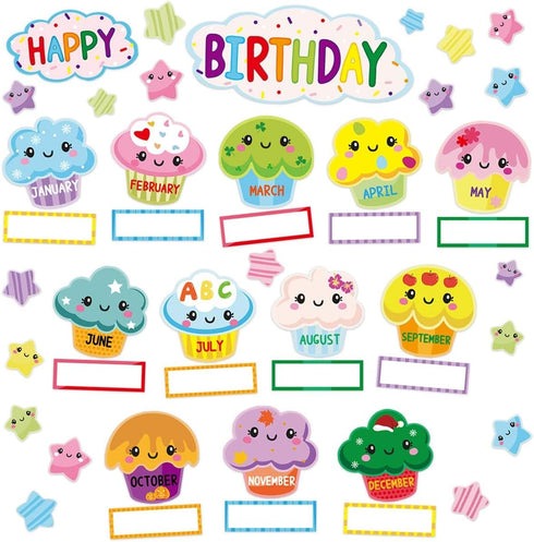 Fancy Land Happy Birthday Bulletin Board Set, Sweet Bright Color Cupcake Classroom Decoration 78 Pieces