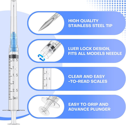 3ml Syringes with 23 Gauge 1 Inch Needles, Luer Lock Disposable, Individually Packaged of 100