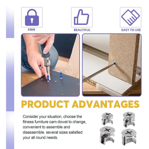 Swpeet 100Pcs 4 Sizes 3 in 1 Furniture Connecting Cam Lock Eccentric Wheels with Blue Dowel Pre-Inserted Bolts