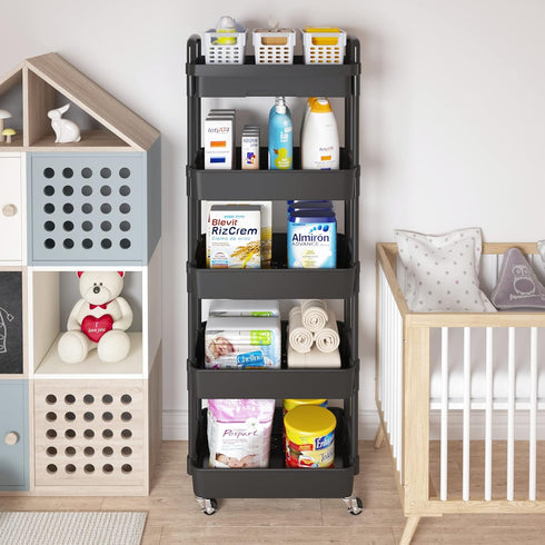 Calmootey 5-Tier Rolling Utility Cart with Drawer, Multifunctional Storage Organizer for Kitchen, Bathroom, Office,