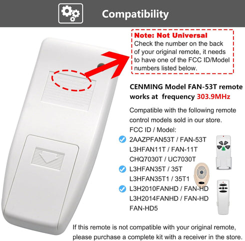 CENMING Bay,303.9MHz 3-Speed Dimmer, FAN-11T L3HFAN11T 35T1 CHQ8BT7030T UC7030T CHQ7030T 2AAZPFAN53T FAN-53T Ceiling