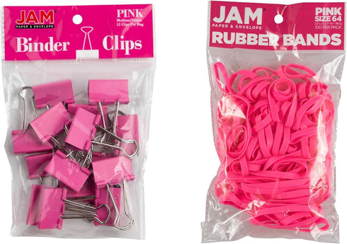 JAM Plus Pink Medium Binder Clips + Size 64 Rubberbands
