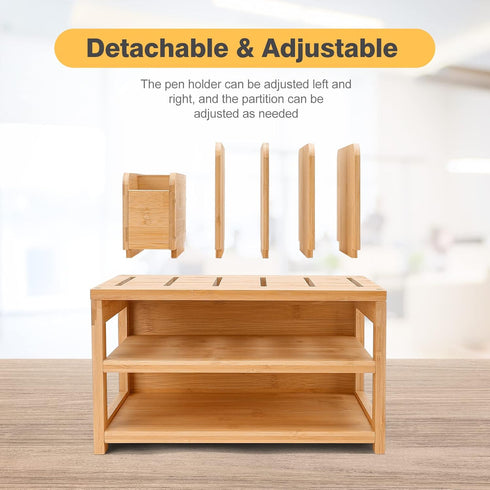 Homde Bamboo Desk Organizer with 3-Tier File Holder, Adjustable Pen Holder, Natural Desktop Storage for Office Home