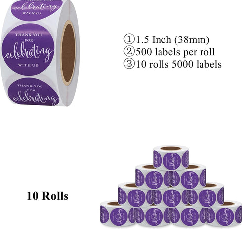 hylabelest 1.5 Inch Package 500 (10 Thank You for Celebrating with Us Stickers Purple for Party Favor, Card Seals