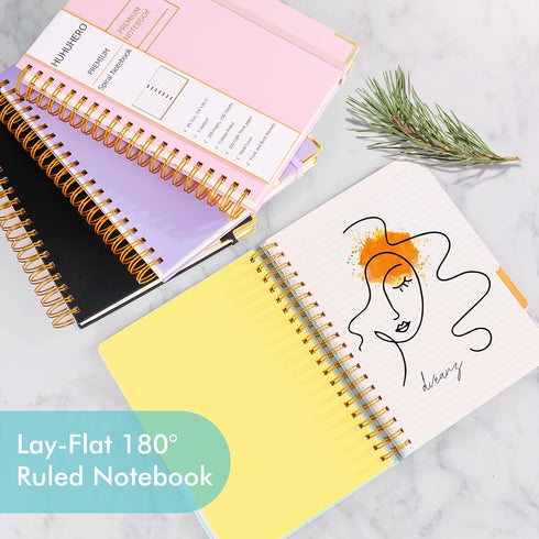 Huhuhero 5 Subject Notebook with Dividers, 240 Pages, Pink Spiral Journal Notebook, College Ruled, B5 Hardcover