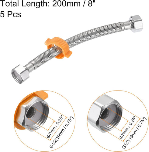 uxcell Faucet Supply Line Connector, 5pcs G1/2 Female x G1/2 Female 8 Inch Long Braided 304 Stainless Steel Water Supply Hose, Silver Tone