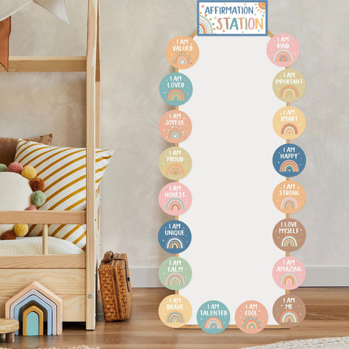 Boho Affirmation Station Bulletin Board Set, Rainbow Classroom Decor with Positive Mirror Growth Mindset Posters