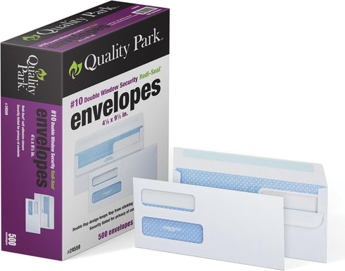 Quality Park #10 Double-Window Self-Seal Security Envelopes, 4-1/8" x 9-1/2", White, 500 Per Box