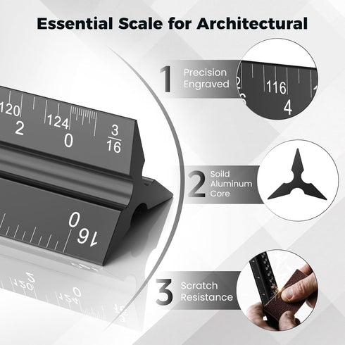 Rena Chris 12" Architectural Scale Ruler, Aluminum Alloy Metal Measuring Tools for Engineering Drafting