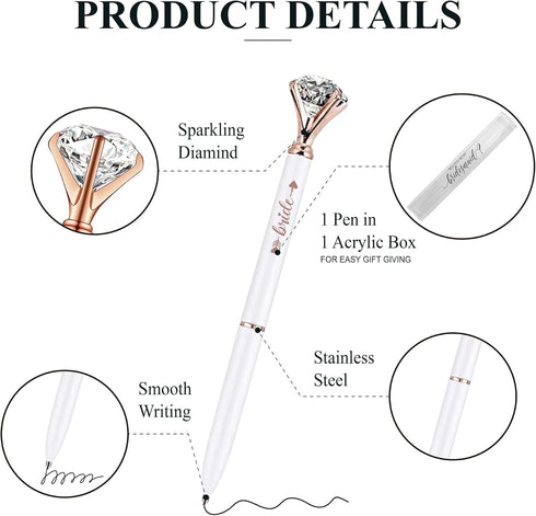LADY&HOME 10 Pcs Bridesmaid Pens, Large Diamond Crystal Metal Ballpoint Pens for Women Wedding Bridal Shower Favors