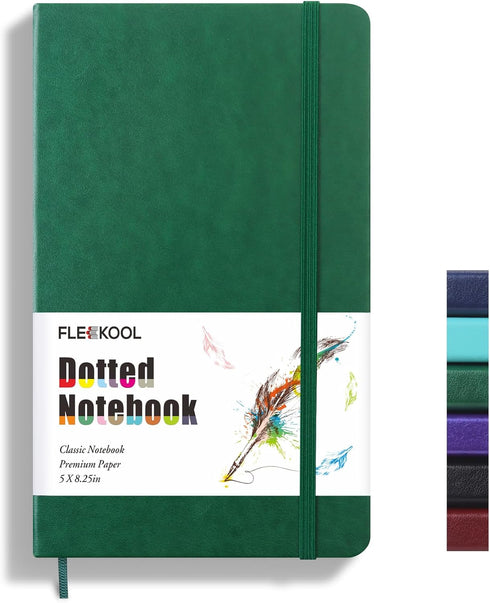 Bullet Dotted Journal Notebook, Leather Dotted with 100gsm Thick Paper, 5 inches x 8.25 inches, Hardcover, Dark Green