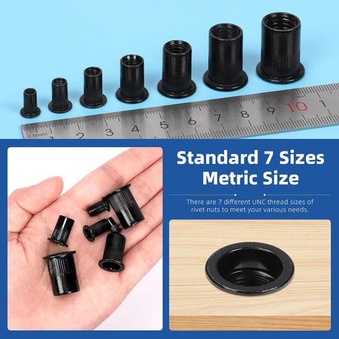 Glarks 320Pcs M3 M4 M5 M6 M8 M10 M12 Set Metric Rivet Nuts Kit Rivet Nuts Black Zinc Plated Carbon Steel Flat Head
