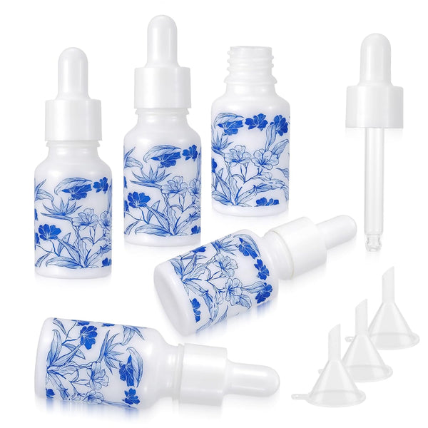 15mL/0.5oz Ceramic Eye Dropper Bottles, Blue and White Porcelain - 5pcs Leakproof Travel Essential Oil Bottles with 3