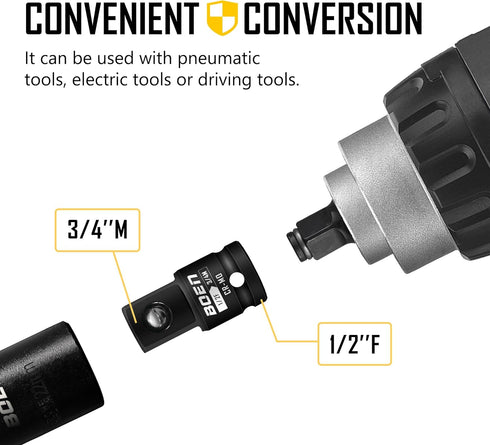 Boen 1/2" F to 3/4" M Impact Socket Adapter, Cr-Mo Steel, Socket Adapter Set for Impact Driver Conversions