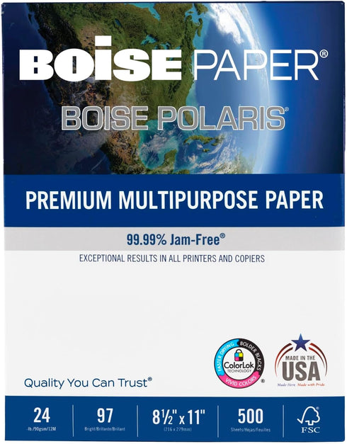 Boise POLARIS Premium Multi-Use Printer & Copy Paper, 1 Ream, White, Letter (8.5"