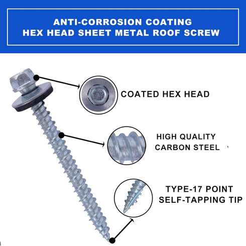 BHTOP Metal Roofing Screws 10 x 1-1/2 inch Hex Head Sheet Metal Roof Screw with EPDM Washer (250Pcs)