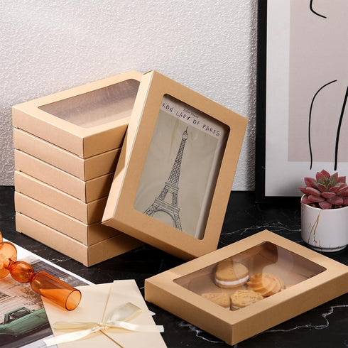 Chivertion 50 Pcs Kraft Paper Greeting Card Storage Box with PVC Window - Bulk Frame Photo Storage Box (5.39 x 7.36 x 1