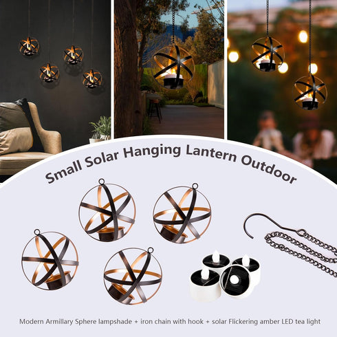 4 Pack Solar Lanterns Outdoor Waterproof, Hanging Tea Lights with Candle Holder, Small Solar Chandelier for Trees