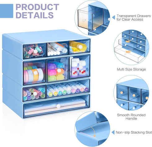 9 4 Desk Storage Organizer with Drawers, Tiers Stackable Desktop Craft Storage Drawers, Clear Storage Box Caddy