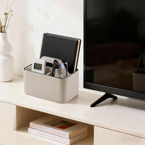 Caddy Organizer with Handle, PU Leather Remote Control Holder Desk Caddy, Portable Makeup Remote Organizer for Table