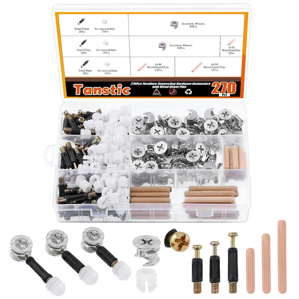 270Pcs 3 in 1 Furniture Connecting Hardware Connectors Kit, Including Cam Lock Fittings, Wood Dowel Pins