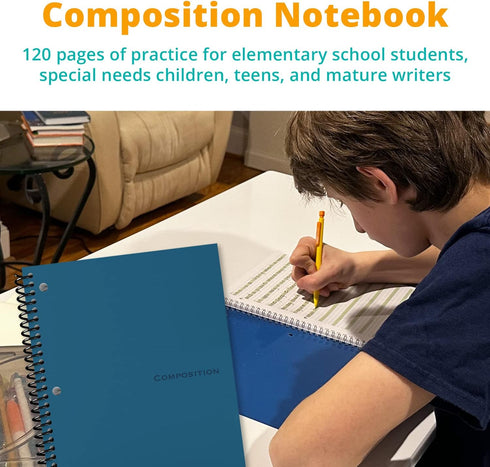 Channie's Youth Composition Notebook, Homework & Improvement Journal for Kids, Older Learners, & Special Needs Students, With Color-Coded Blocks for Handwriting Practice, Blue