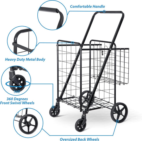 97LB Foldable Shopping Utility Cart Compact Portable Grocery Cart w Whees Double Baskets, Wagons Carts Foldablefor