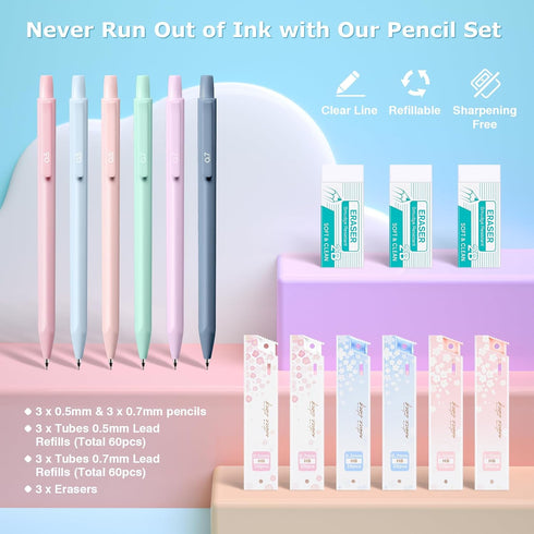 Clear Pencil Case with 12 Colors Highlighter, 5 Quick Dry Retractable Black Ink Pens, 6 Mechanical Pencils, 6-in-1