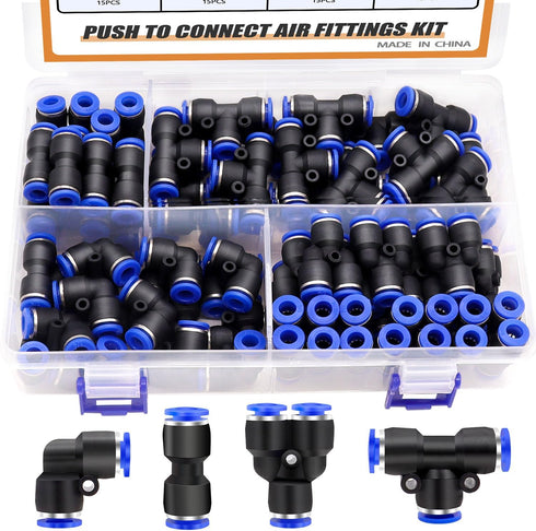 Quick Connect Air Hose Fittings, 1/4”OD Push to Connect Fittings Pneumatic Kit (15 Splitters, 15 Elbows, 15 Tee, 15