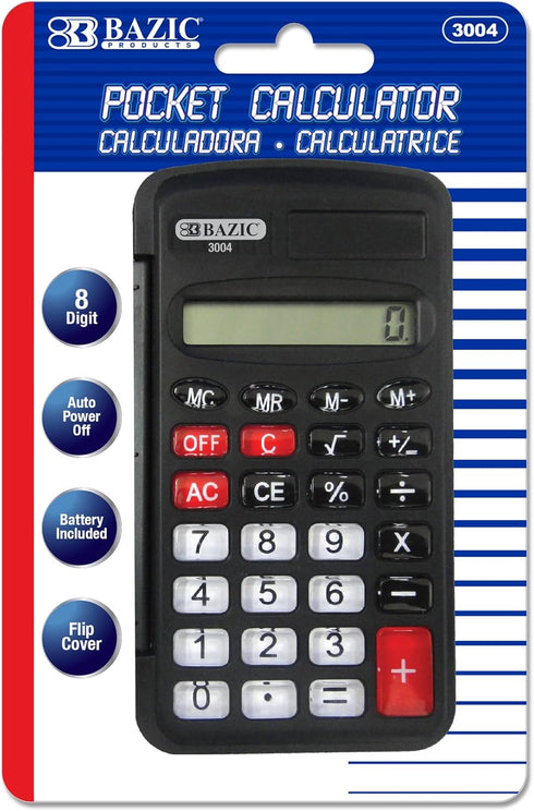BAZIC Pocket Size Calculator, 8-Digit w/Flip Cover, Small Standard Function Electronics Calculators, Black, 1-Pack