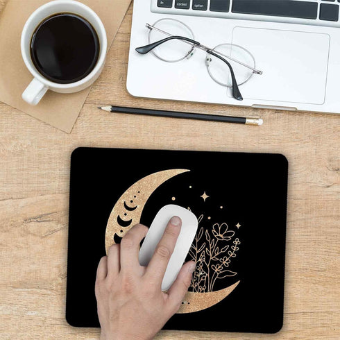 Black Gold Moon Mouse Pad, 9.4 x 7.9 Inch, Boho Non-Slip Rubber Mat for Desk