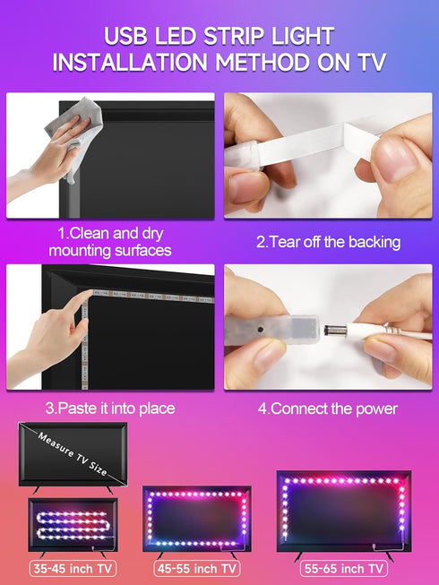 TV LED Lights, 13.1ft RGB Color Changing Light Strip for 45-65 Inch TV with Remote & Music Sync Control