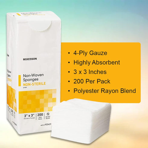McKesson Non-Woven Sponges, Non-Sterile, 4-Ply, 3 in x 3 in, 200 Per Pack