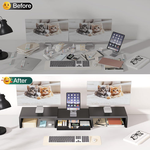 OPNICE Dual Computer Monitor Stand Riser, Desk Organizer with Drawer, Office Desk Accessories & Workspace Organizers