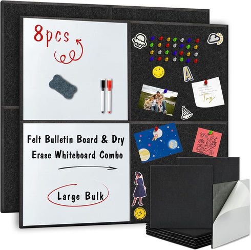 BXI Felt Bulletin Board with Pins & Magnetic Dry Erase Whiteboard Combo, 8 Pcs Self-Adhesive Tiles